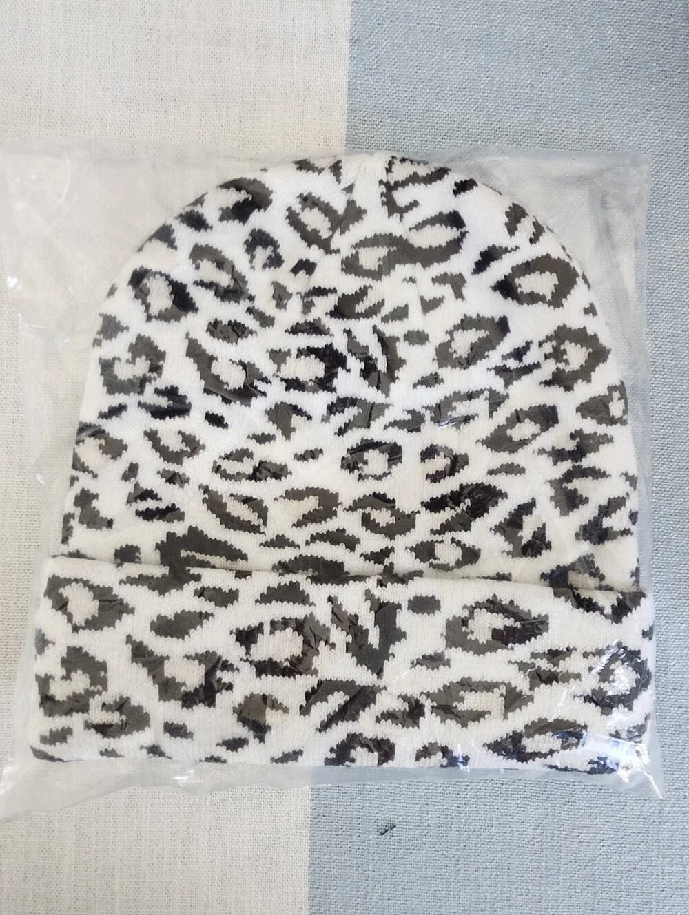 Black & White Snow Leopard Animal  Print Knit Beanie